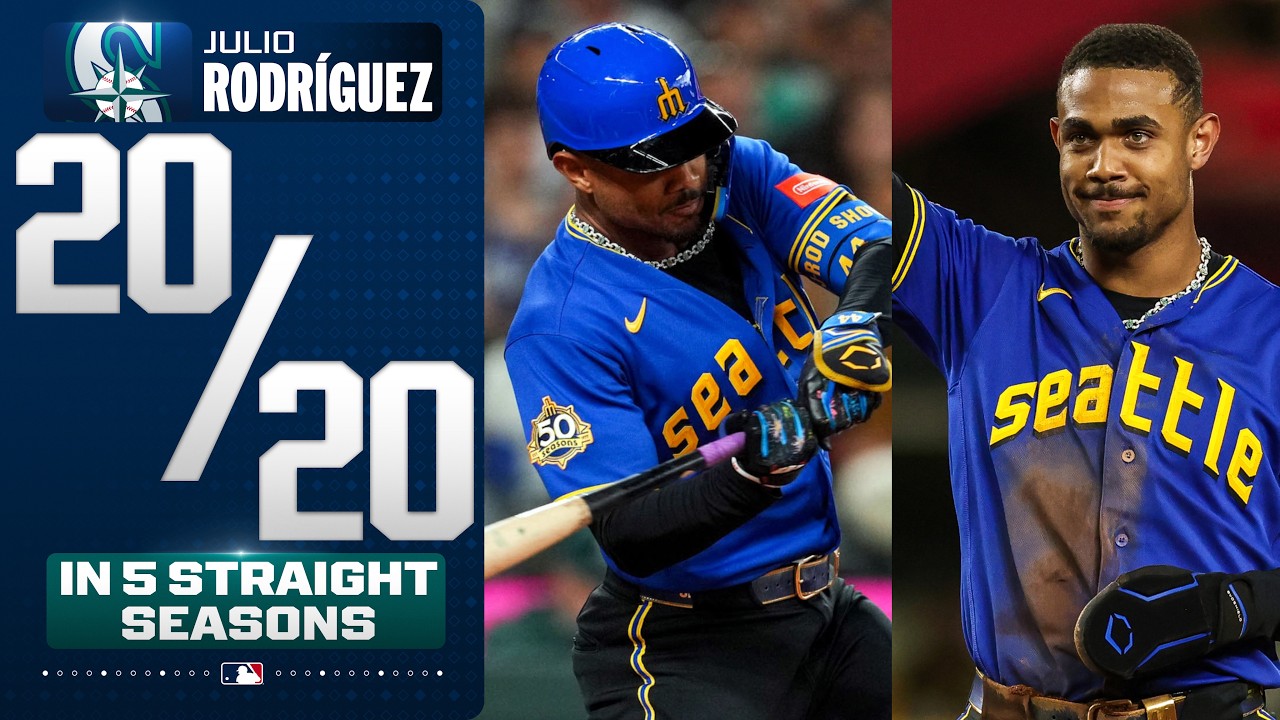 Julio Rodríguez has reached 20 HOMERS and 20 STEALS in FIVE CONSECUTIVE SEASONS! 🔱🔥| MLB Highlights