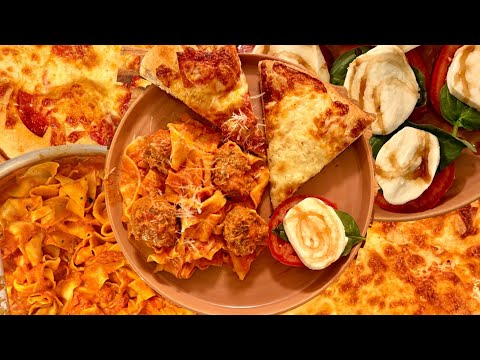 Pappardelle and Meatballs with Marinara Sauce, Cheesy Garlic Bread, & Caprese Salad