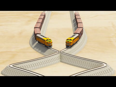 Impossible Weird Overlapping Curved Rail Tracks Vs Trains Crossing - BeamNG.Drive