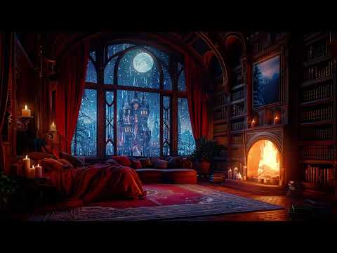 Deep Sleep in a Cozy Castle Room with Rain, Fireplace and Thunderstorm Sounds
