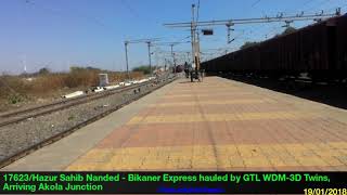 preview picture of video 'Birthday Tribute to 17623/Nanded - Bikaner Express hauled by GTL WDM-3D Twins arriving Akola Jn'