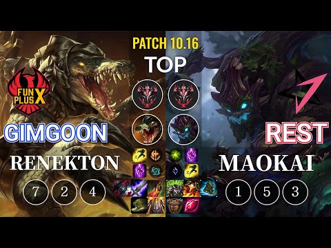FPX GimGoon Renekton vs JT Rest Maokai Top - KR Patch 10.16