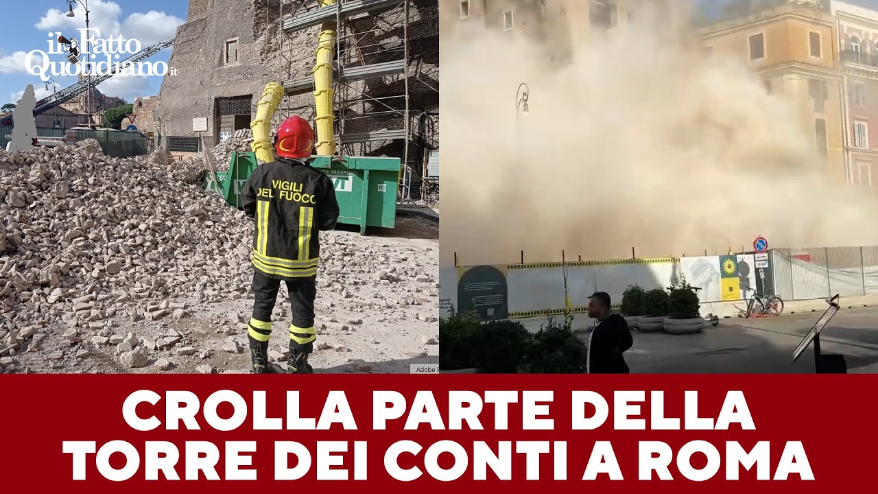Crolla la Torre dei Conti a Roma: grave un operaio. Il momento del collasso dell'edificio storico