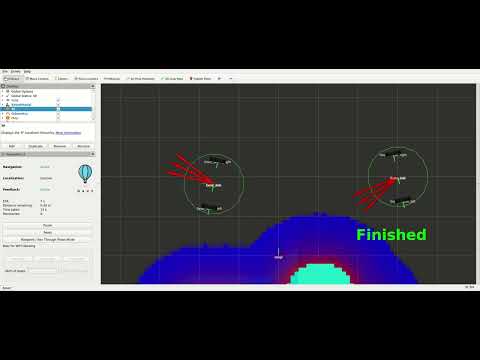 RViz screen capture video with two robots executing a 180° turn. The one on the right executes a clean turn, while the one on the left overshoots its goal several times and requires markedly more time until finished.