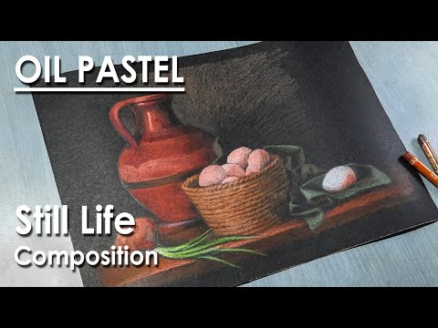 Realistic Still Life Drawing in Oil Pastel | Jug Basket of Eggs Drapery