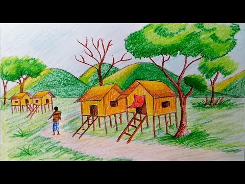 Drawing Beautiful Village scenery-how to draw village scenery step by step  very easy - YouTube
