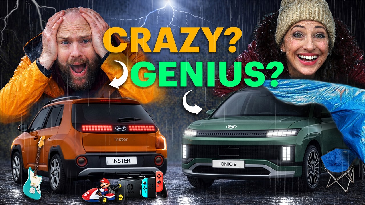 Motorpoint's Tim and Rebecca setting up for a night of car camping in a Hyundai Ioniq 9 and a Hyundai Inster in a rainy car park in February