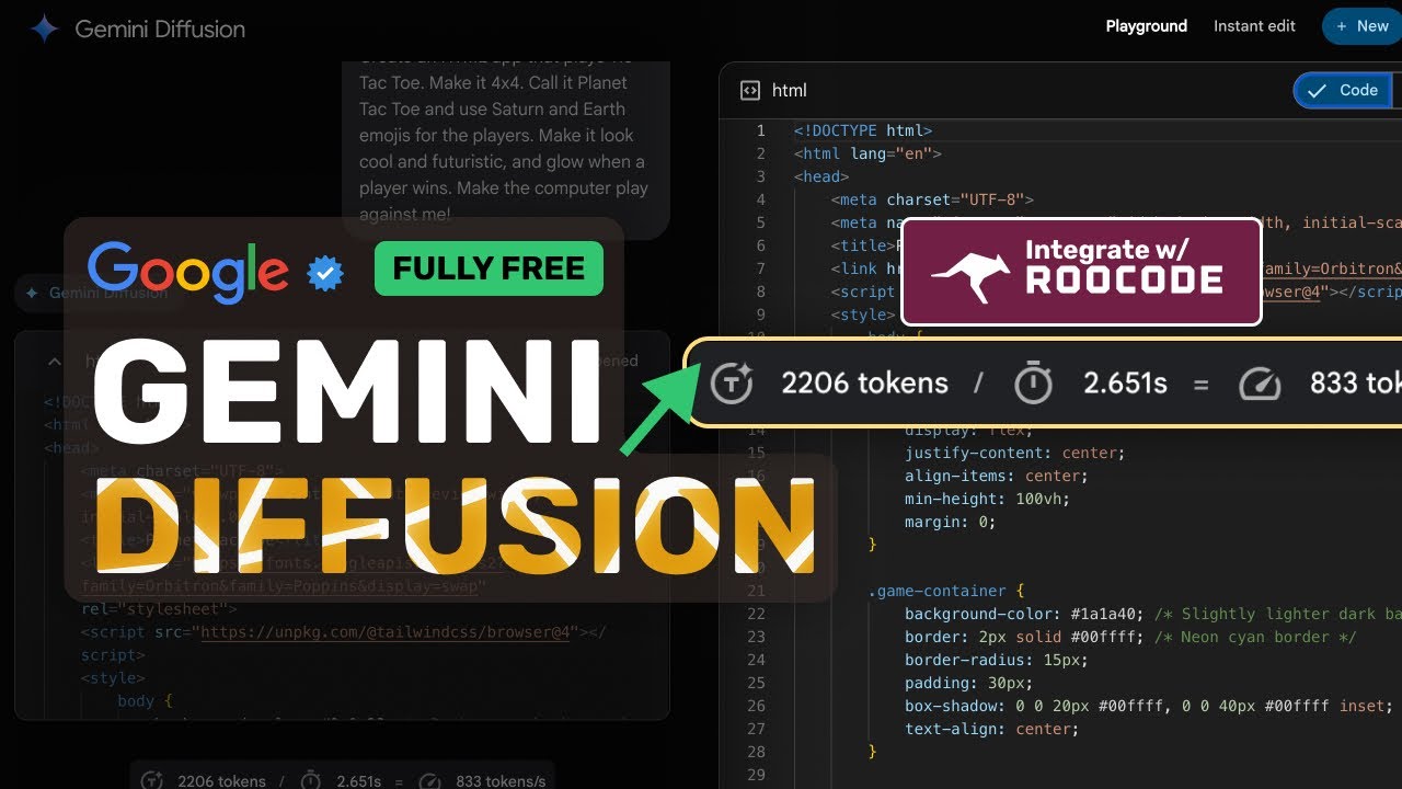 Gemini Diffusion Coder (Tested) + RooCode: This is the FASTEST AI Coder YET & IT'S FULLY FREE!