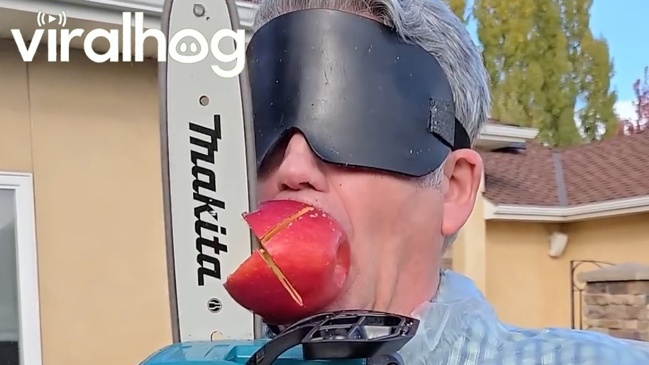 Blindfolded Man Chainsaws Apple Held in His Teeth || ViralHog