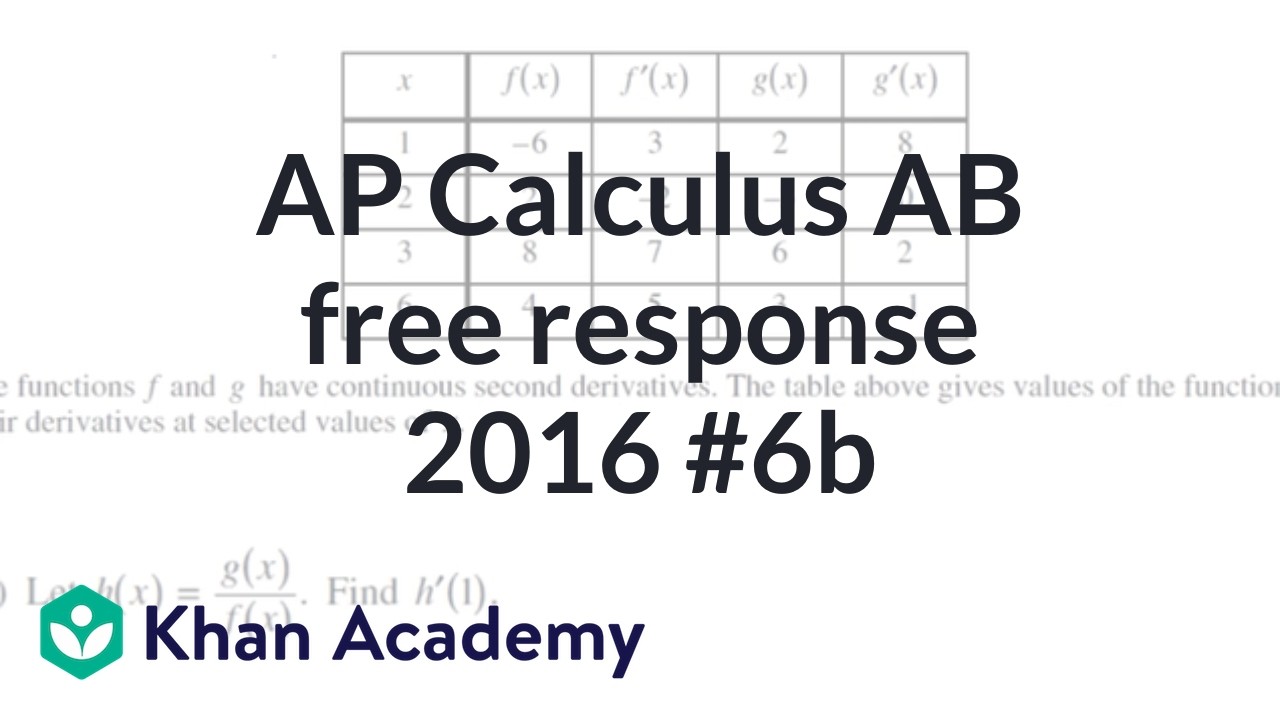 Using the quotient rule, Calculus AB free response 2016 6b | AP Calculus AB | Khan Academy