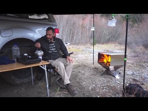 , title : 'Car Tent Camping in Freezing Weather - Fire Pit - Dog'