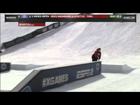 Gjermund Braaten Run 1 Men's Snowboard Slopestyle final - X Games