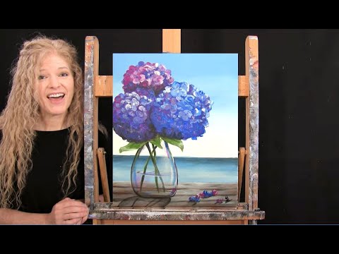 Learn How to Draw and Paint SEASIDE HYDRANGEAS - Paint and sip at Home - Fun Acrylic Painting Lesson