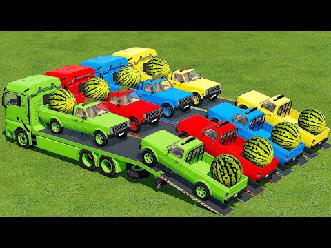 TRANSPORT COLORED PICKUP CARS & WATERMELONS WITH MAN TRUCKS - Farming Simulator 22