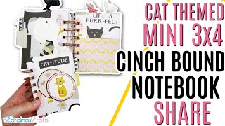 Cat Themed 3x4 Mini Notebook Project Share with TUTORIAL Linked, Cinch Bound Mini Notebook