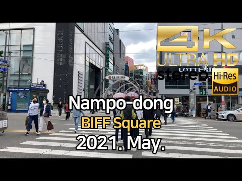 Praça Nampo-dong BIFF, Busan Korea Walk, maio de 2021. [4K]