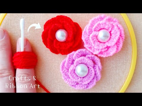 New Unique 3D Woolen Rose Making Idea with Cotton Bud - Hand Embroidery Trick - DIY Woolen Flowers
