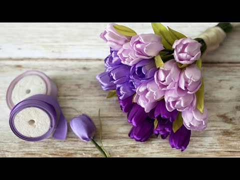 DIY Tulips flowers from satin ribbon/how to make beautiful flowers with satin ribbon easily