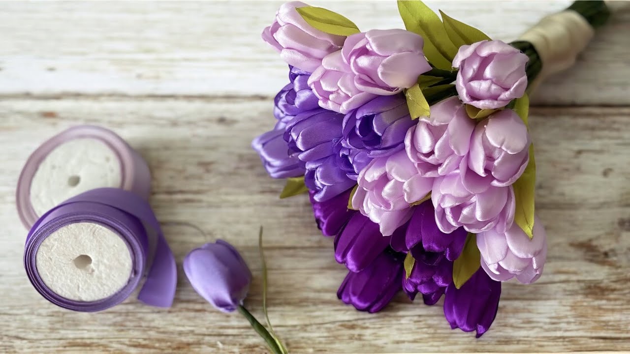 DIY Tulips flowers from satin ribbon/how to make beautiful flowers with satin ribbon easily