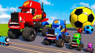4 MONSTER TRUCKS vs Big & Small Long Mack Truck with Ball vs Train Thomas - BeamNG.Drive