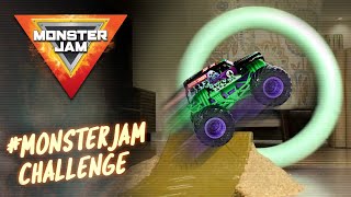 Launch GRAVE DIGGER through a rolling ring! - Monster Jam Toy Stunt Challenge #15
