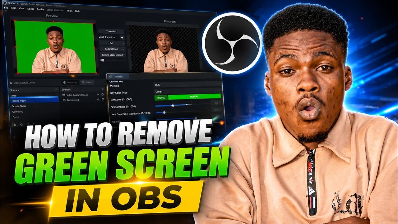 Removing a green screen background with the chroma key filter in OBS Studio