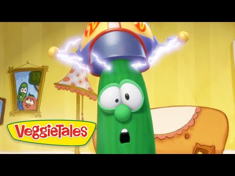 Larry the Cucumber wearing a helmet with glowing thunder, surprised expression, VeggieTales scene in a yellow room