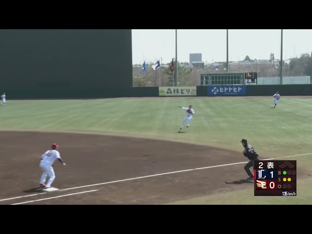 【ファーム】イーグルス・黒川史陽 一二塁間の打球に追いつきランニングスローでアウトに取る!!  2024年3月31日 東北楽天ゴールデンイーグルス 対 埼玉西武ライオンズ