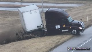 Semi jackknife caught on camera &amp; icy bridge slides on I-135 north of Wichita