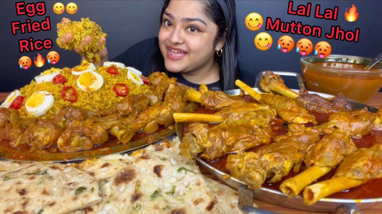 MURGIR LAL LAL JHOL, MANGSHER LAL LAL JHOL WITH EGG BHURJI FRIED RICE AND CHEESE GARLIC NAAN | ASMR