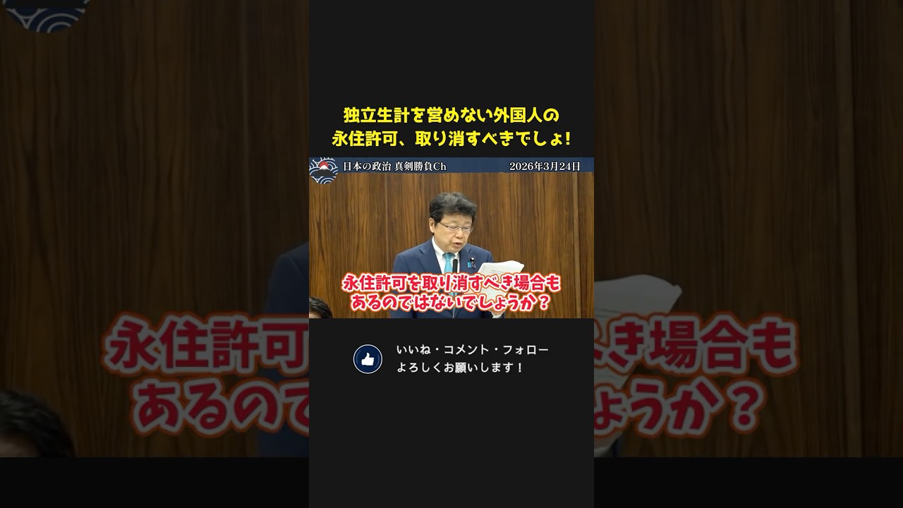 独立して生計を営めない外国人の永住許可、取り消すべきでは？北村晴男がド正論！【 国会 政治 切り抜き 北村晴男 日本保守党 】