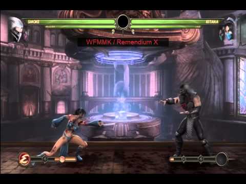 Smoke + Mileena ( Flesh Pit Costume) vs Kitana(Alt) + Jade(alt) - Kratos Stage fatality