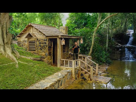 Building a Cozy Stone Bushcraft House for Solo Survival in the Woods