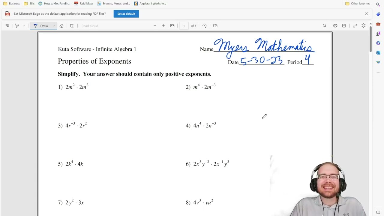Properties of Exponents (Part 1)- Algebra 1 Kuta Worksheet Series