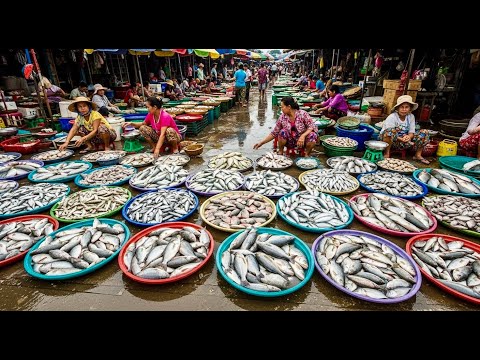 Busy Cambodian Wet Market with Fresh Fish and Seafood