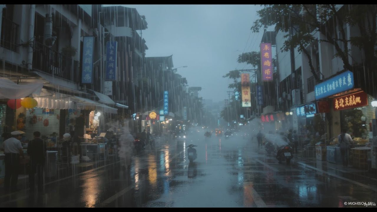 People sharing umbrellas on a rainy Vietnam sidewalk