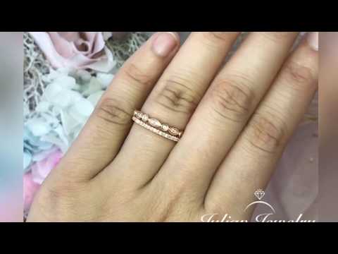 Solid 14K Rose Gold Diamond Band Set Wedding Ring Set Half Eternity Stackable Matching Band