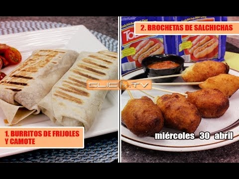 1.BURRITOS DE FRIJOLES Y CAMOTE 2.BROCHETAS DE SALCHICHAS