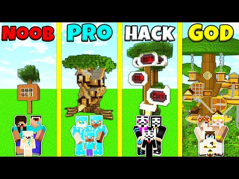Minecraft Battle: NOOB vs PRO vs HACKER vs GOD: INSIDE TREE HOUSE BASE BUILD CHALLENGE / Animation