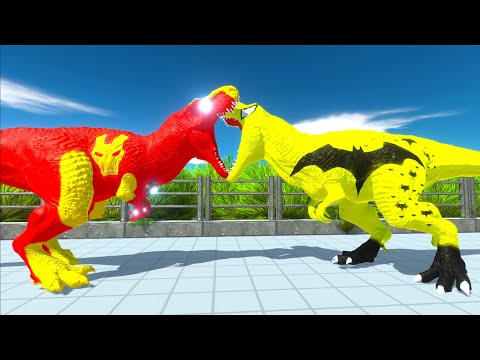 IRON MAN T-REX vs SPIDERMAN SPINOSAURUS vs BATMAN T-REX DEATH RUN - Animal Revolt Battle Simulator