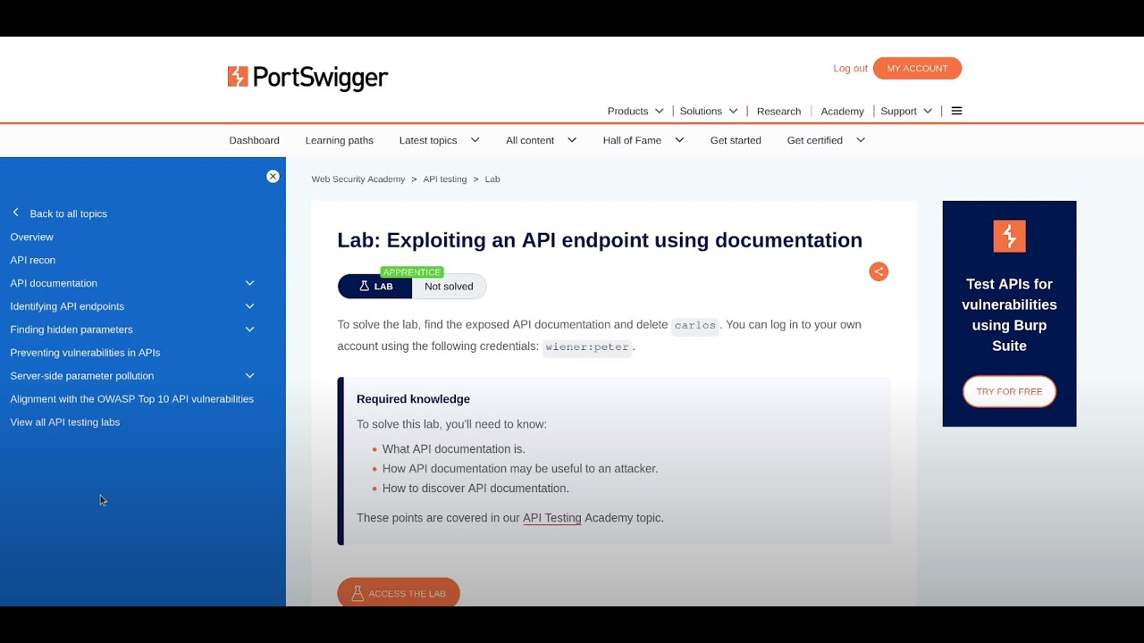 Portswigger: Exploiting an API endpoint using documentation