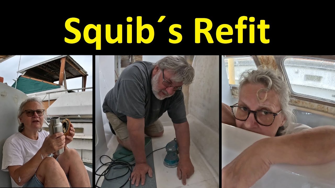 Squib's Refit - laminating in the new galley's 1st cabinet - sanding the hull - refurbishing stairs /81