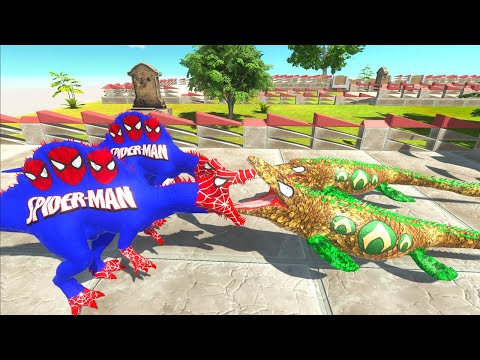 SPIDERMAN SPINO COUPLE VS AQUAMAN MOSASAURUS COUPLE DEATH RUN - Animal Revolt Battle Simulator