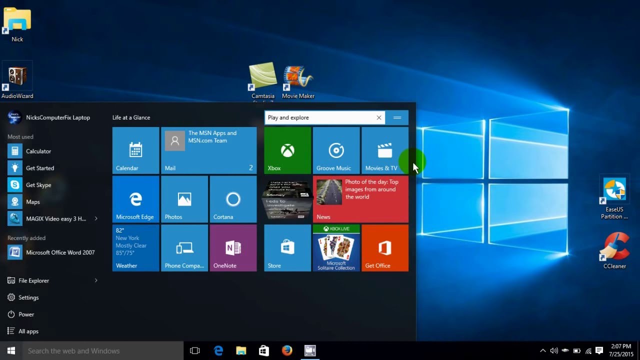 What does the Windows 10 start screen look like?