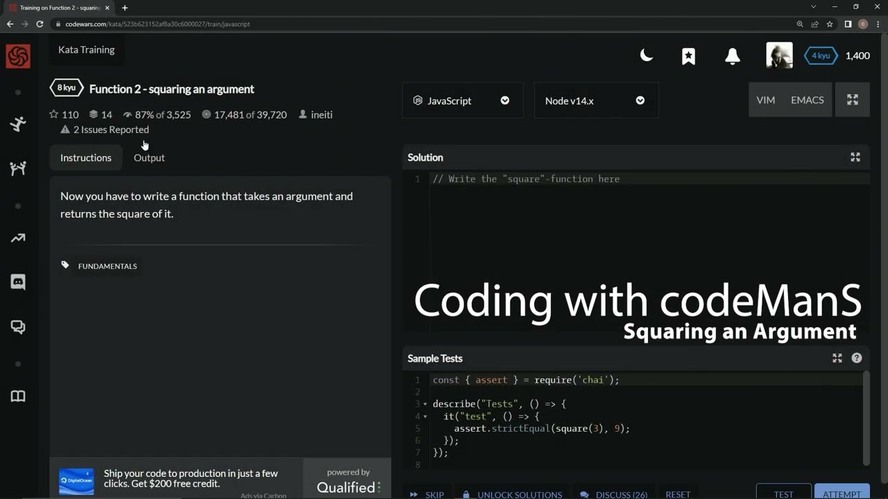 Codewars 8 kyu Function 2 - Squaring an Argument Javascript