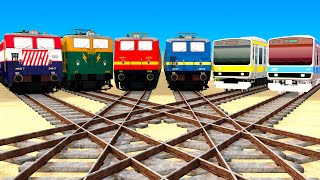 【踏切アニメ】でこぼこの鉄道線路での 6 分岐ダイヤモンド鉄道交差 🚦 Fumikiri 3D Railroad Crossing Animation #2