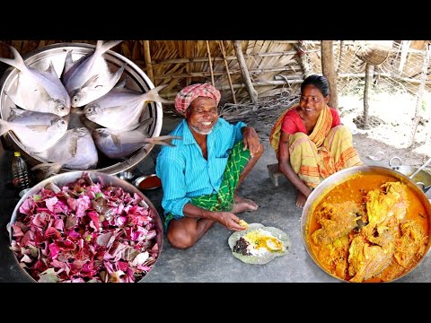pomfret fish curry and lal shak vaji cooking&eating by santali tribe people||rural village India