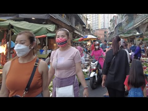 Walking day tour at lively market | daily life in market of Cambodia