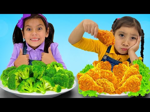 Ellie e Maddie aprendem sobre alimentos saudáveis, frutas e vegetais