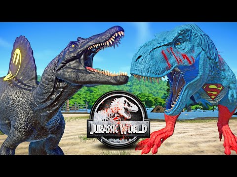 BATMAN Spinosaurus vs SUPERMAN Tyrannosaurus Rex Dinosaurs Fight & Escape 🌍 JURASSIC WORLD EVOLUTION